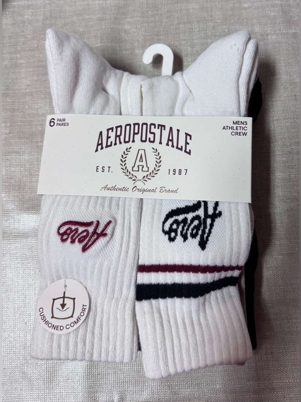 Aeropostale Men's White Athletic Crew Socks with Maroon & Black Accents
